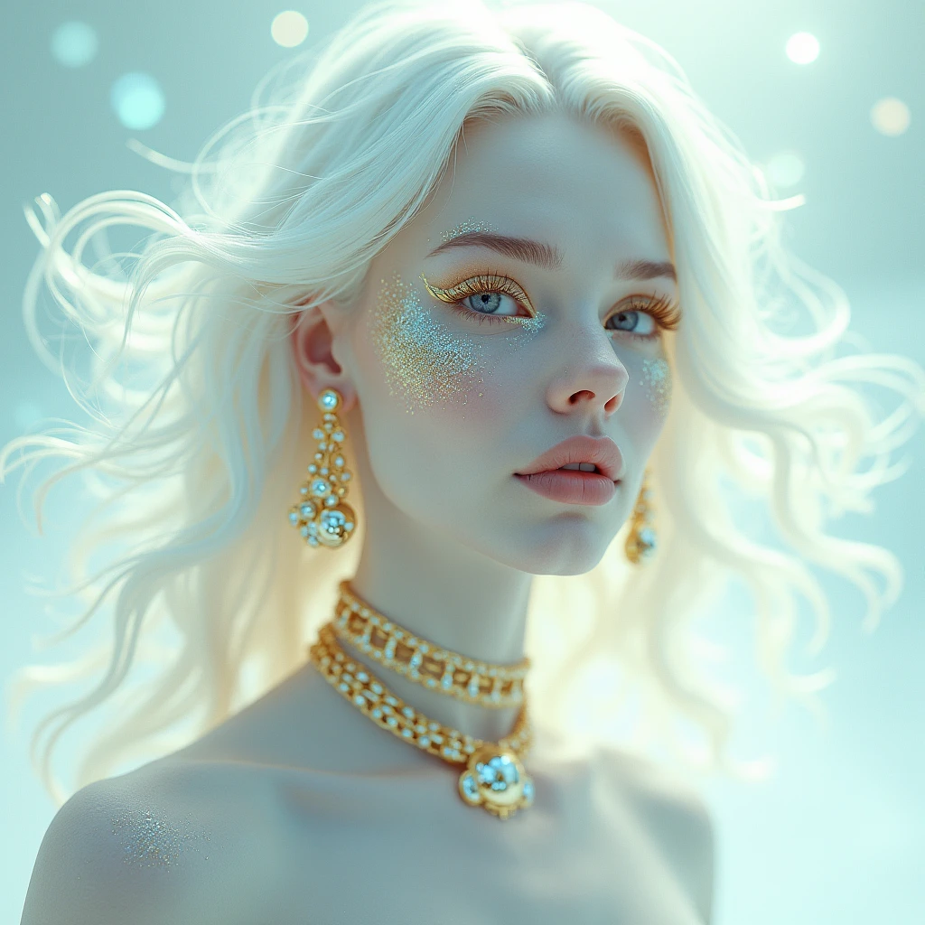 albino woman with unique facial features and glowing makeup and hair in white gold futuristic jewelry, light painting, futuristic digital, realistic sci-fi, lights, gold filigree, silver lashes, diamond, ethereal, misty, holographic, white sky on background,glitter, hair in the wind, dynamic pose