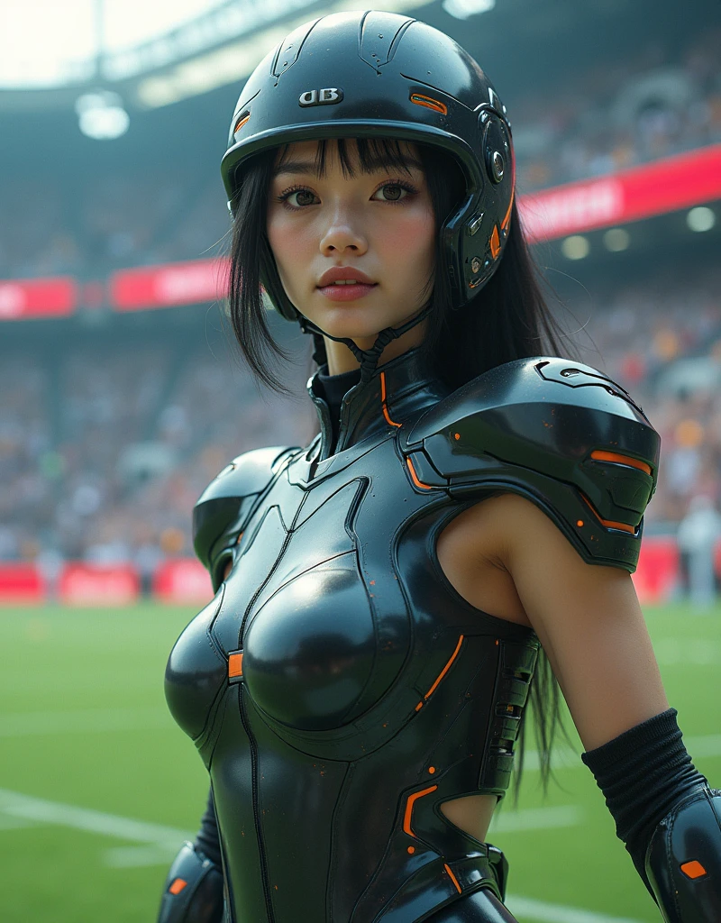 photo-realistic, ultra-realistic, very beautiful Japanese, famous Japanese idol, 20 years old, dramatic scene, masterpiece, beautiful eyes, cyber punk, (closeup to her beautiful face:1.3), (wearing cyber punk mecha-suits with neon marker:1.5), (she is playing extremely acrobatic American football at large stadium:1.5), (fully equipped with futuristic mecha American football equipment:1.3), amazing view of a lot of spectators, acrobatic pose, dynamic angle, spectacular, Nimble movements, Sharp turns, (very large breasts),