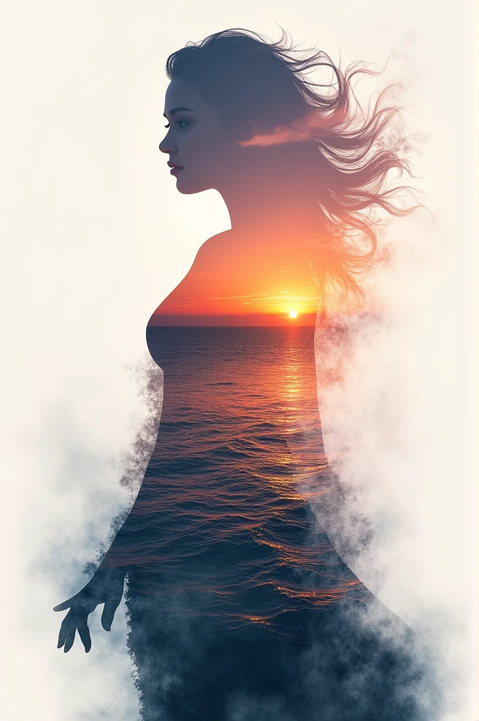 high quality, 8K Ultra HD, A beautiful double exposure that combines an goddess silhouette with sunset coast, sunset coast should serve as the underlying backdrop, with its details incorporated into the goddess , crisp lines, The background is monochrome, sharp focus, double exposure, by yukisakura, awesome full color,