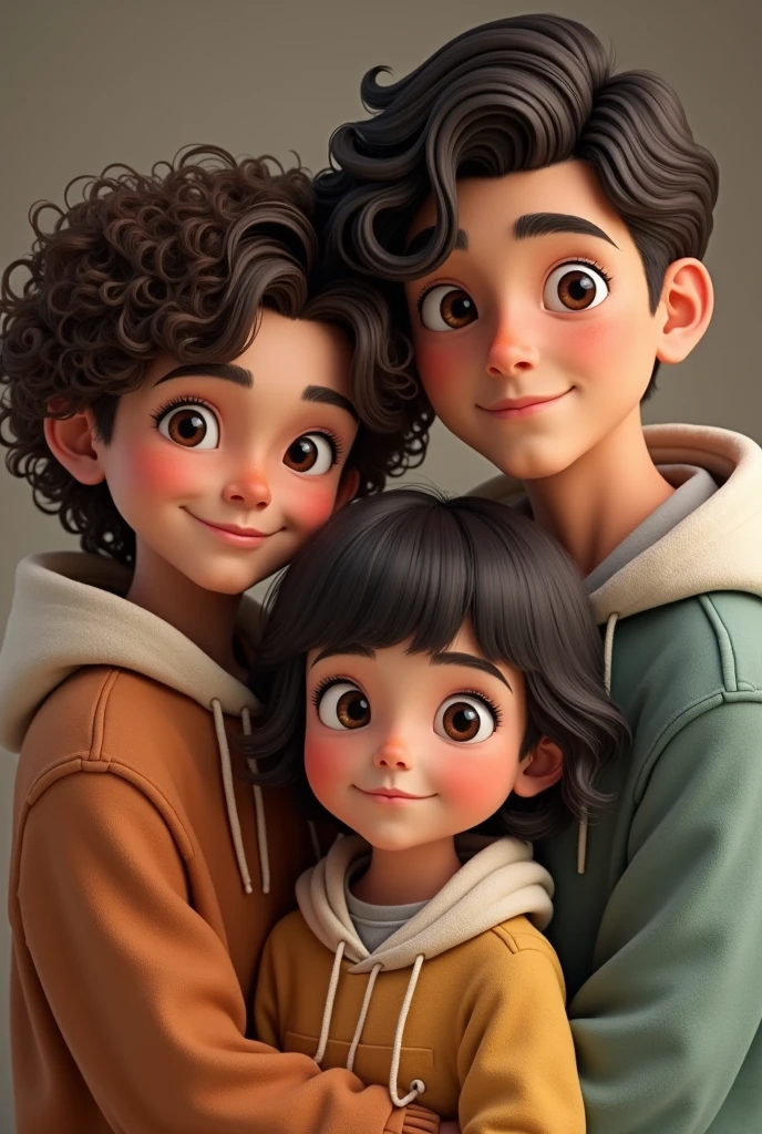 Creates the image of a curly-haired older brother, 2,
Middle brother straight hair Little sister straight hair That same image but the brother with dark skin