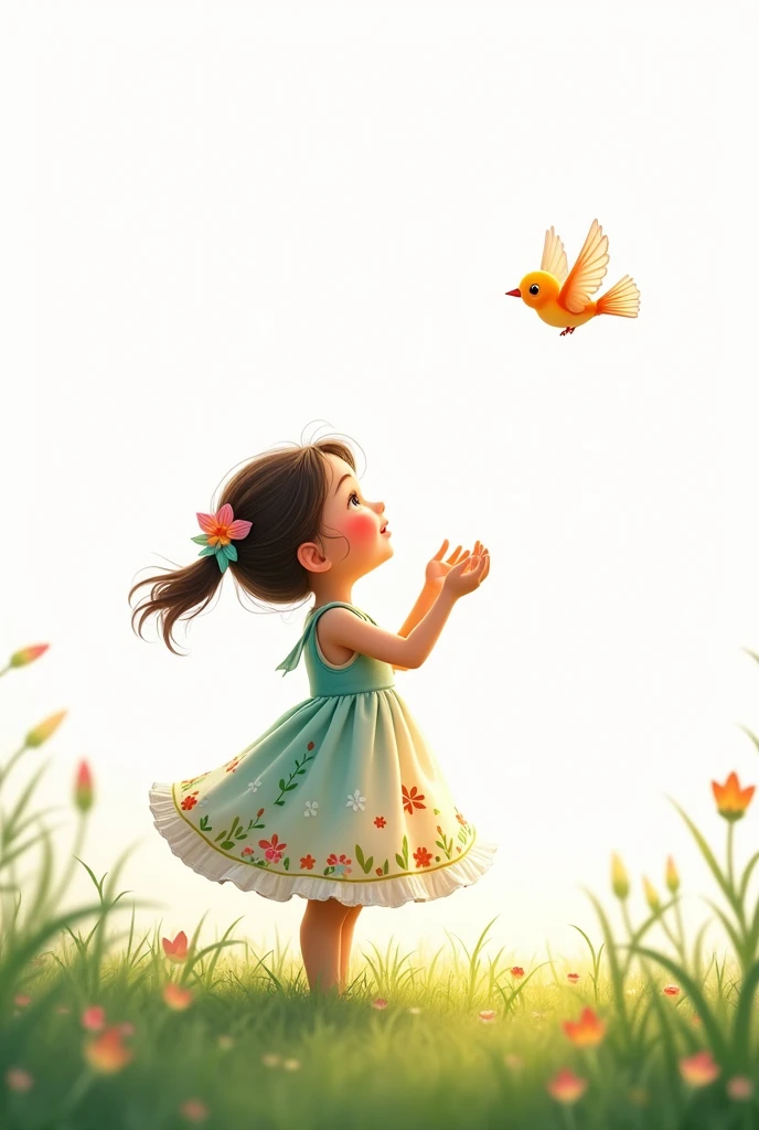 white background,best quality,cute liitle girl standing on grass,she look at the little bird,rais her hands to the little bird,cute little bird flying,cute colorful frock wearing the girl,smiling face
