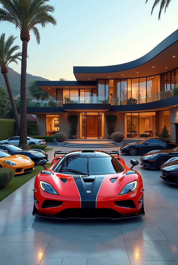 Create a modern movie mega mansion with luxury cars and add a Koenigsegg car
