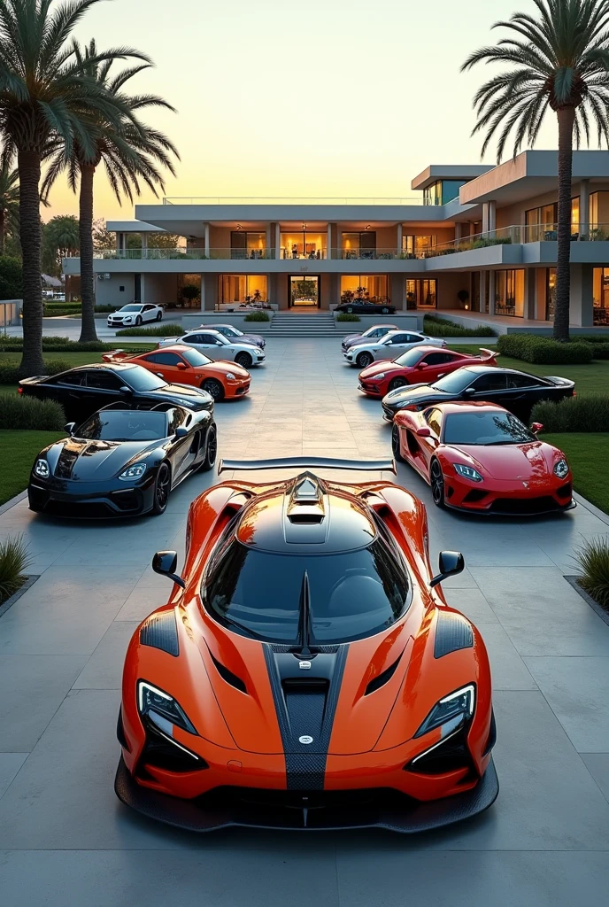 Create a modern movie mega mansion with luxury cars and add a Koenigsegg car