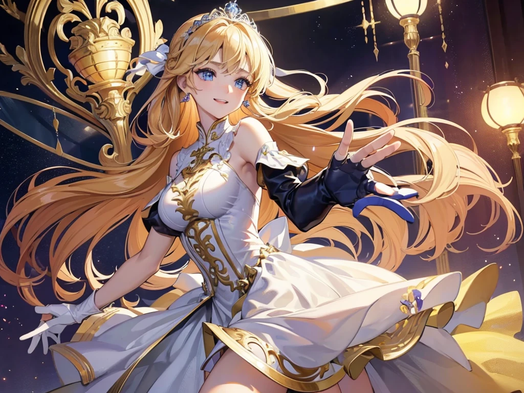 The social debut of lavishly dressed young ladies, 三人のお嬢Mr., Medium Cut, Blonde Hair, Gold decoration, hair ornaments, tiara, (Blue Eyes:1.3), lize, SMILE, smile, Thighs, gloves, Waistline, Earrings, 白いgloves, 指なしgloves, leather trim, White Wedding Dress, ballroom dress, vision(Expert Preference), Leotard Dresses, REST outdoors, REST looking at the viewer, (Cowboy Shot:1. 1. 5）、（masterpiece：1.2）、Highest quality、High resolution、Unity Wallpaper 8k、（An illustration：0.8）、（Beautiful detailed eyes：1.6）、Highly detailed face、Perfect lighting、Highly detailed CG、Mr.々Expression,（Perfect hands、Perfect Anatomy）、