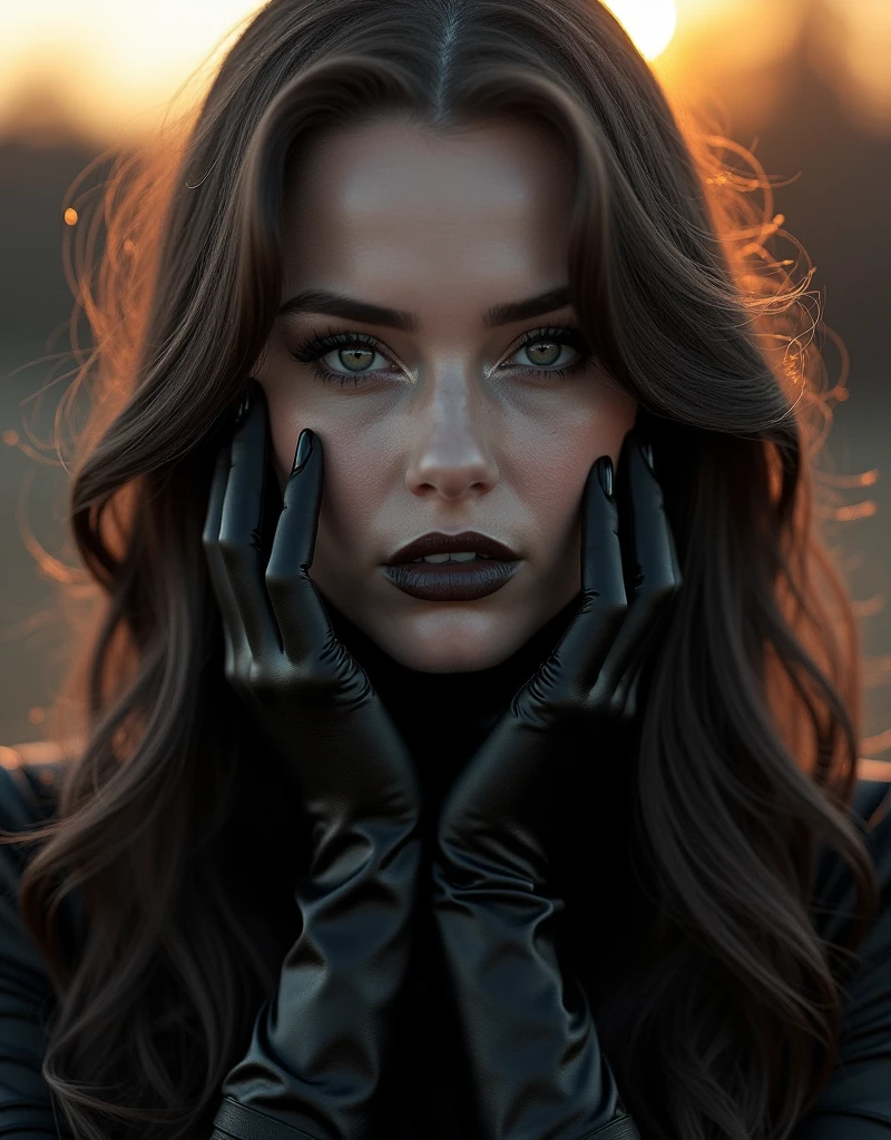 black and white art photography, photographer Annie Leibovitz, portrait of a slavic woman 3, long hair, black satin gloves, photorealistic, 85mm, f1.8, portrait, hyperrealistic, super detailed, sunset lighting, high dynamic range, Detailed background, Complex and detailed face, Long eyelashes, Detailed eyes, black eyeliner, (Solo: 1.3),