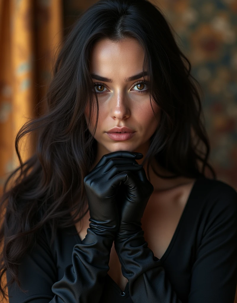 black and white art photography, photographer Annie Leibovitz, portrait of a slavic woman 3, long hair, black satin gloves, photorealistic, 85mm, f1.8, portrait, hyperrealistic, super detailed, sunset lighting, high dynamic range, Detailed background, Complex and detailed face, Long eyelashes, Detailed eyes, black eyeliner, (Solo: 1.3),