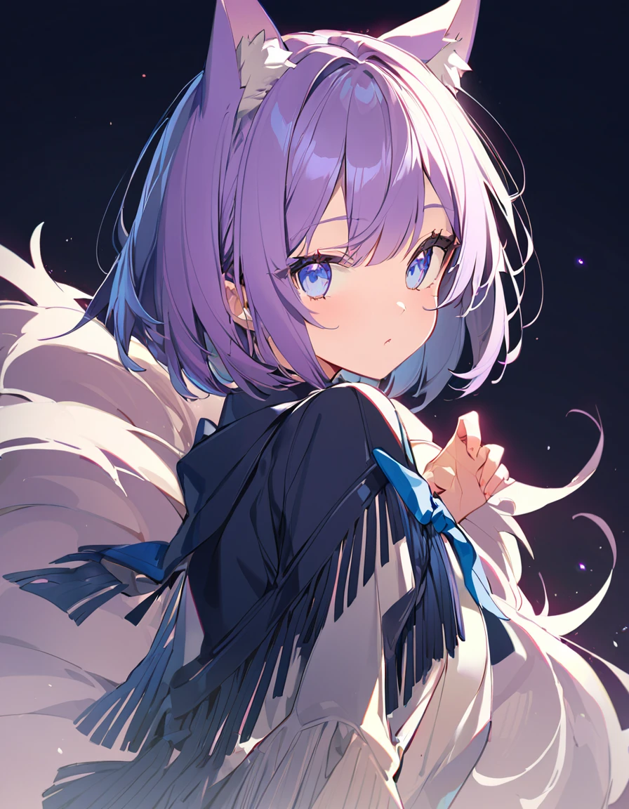 1 girl, (Sketches), (close), (Small body), (Pink Cheeks), (Cute cat ears),Purple Hair, (Short Bob Hair:1.4), (Blue eyes), (Big Hair) , (fringe), (More about the Strand), (White Background),((Pussy pose)), fashionable clothes, upper body