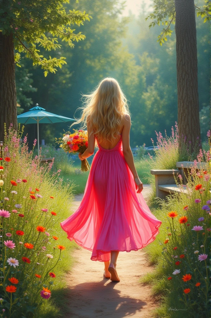 A stunning oil painting depicts a Vogue fashionista with long, blondy hair strolling through a sunlit garden,cherry blossoms. Her vibrant atlas pink dress flows gracefully as she holds a bouquet of colorful flowers. The lush garden features wildflowers, tall trees, and a quaint stone bench, all illuminated with cinematic French New Wave light, dynamic bokeh, and artistic lens flares. This vibrant scene blends art nouveau, conceptual art, and cinematic brilliance, radiating joy and peaceful warmth.