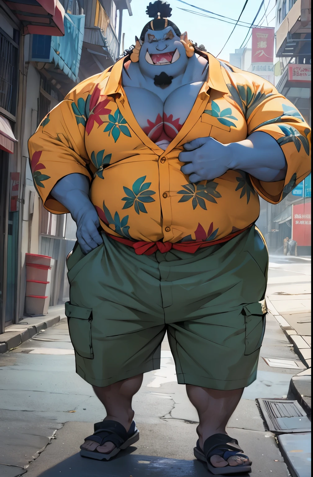 chubby man obese (jinbei) in street, blue skin, smile, obese, pectoral, wide pectoral, beach, palm, realistic, 8k, masterpiece, (naked)