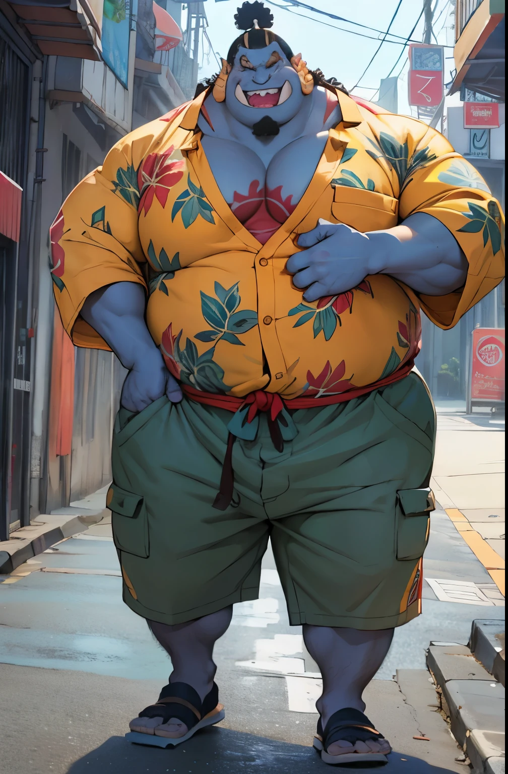 chubby man obese (jinbei) in street, blue skin, smile, obese, pectoral, wide pectoral, beach, palm, realistic, 8k, masterpiece, (naked)