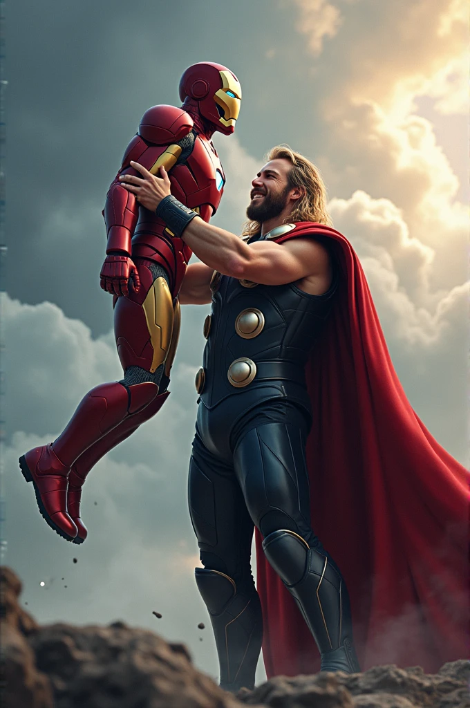 Thor holding ironman up and smiling