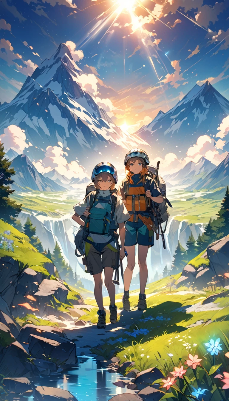 "Create a vibrant anime-style 4K wallpaper featuring two young adventurers standing side by side, holding mountain bikes. They are gazing out at a breathtaking landscape dominated by towering snow-capped mountains under a dynamic, colorful sky. The scene is set during the golden hour, with the sun casting warm, golden rays that illuminate the clouds and the peaks, creating a stunning contrast of light and shadow. The foreground is filled with lush green trees and wildflowers, while the distant valleys are bathed in soft, misty blues. The characters are dressed in outdoor gear, with backpacks and helmets, ready for a journey into the wilderness. The overall atmosphere of the image is one of exploration, adventure, and the beauty of nature, captured in a detailed and immersive anime style."