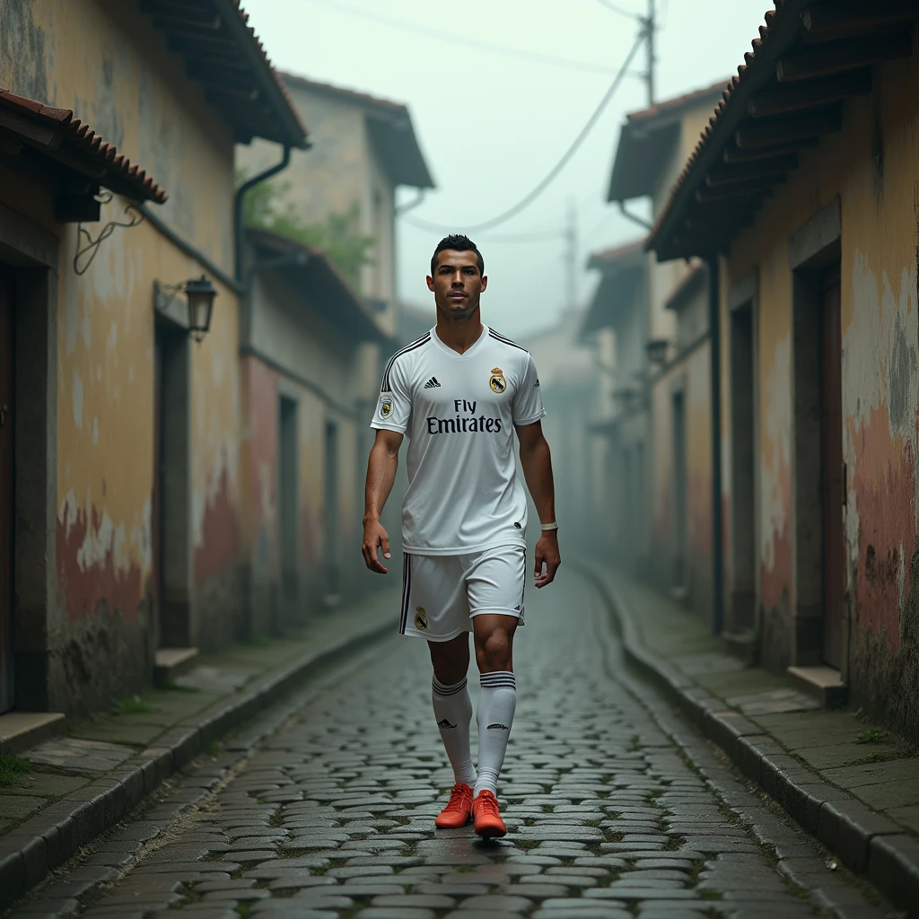 Ronaldo, wearing his Real Madrid jersey, walks through a rustic old village with cobblestone streets, surrounded by ancient houses with faded walls. The atmosphere is mysterious, with a slight fog and an overcast sky in dall e-3 style 