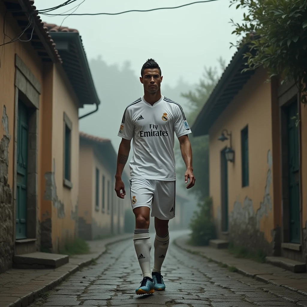 Ronaldo, wearing his Real Madrid jersey, walks through a rustic old village with cobblestone streets, surrounded by ancient houses with faded walls. The atmosphere is mysterious, with a slight fog and an overcast sky in dall e-3 style