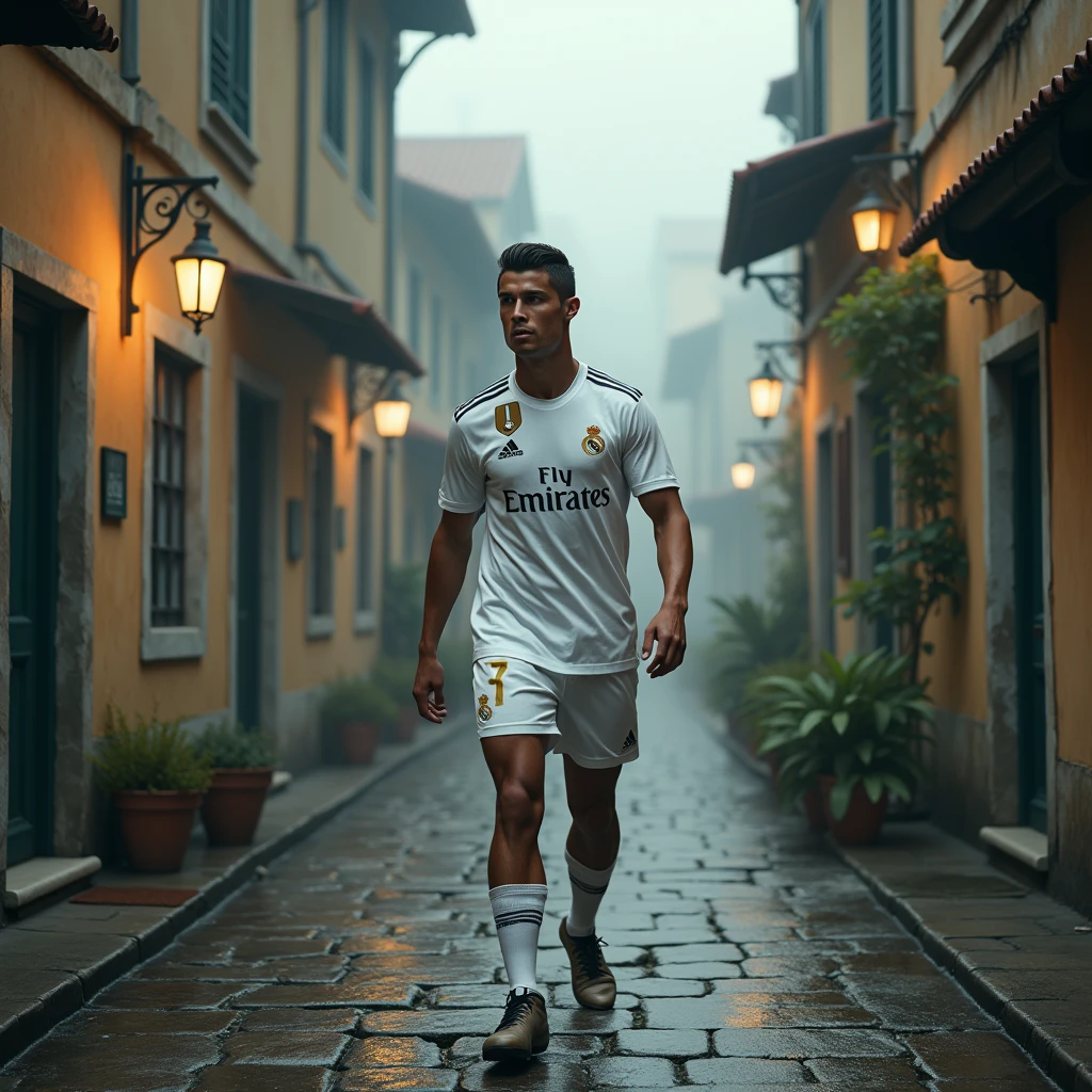 Ronaldo, wearing his Real Madrid jersey, walks through a rustic old village with cobblestone streets, surrounded by ancient houses with faded walls. The atmosphere is mysterious, with a slight fog and an overcast sky in dall e-3 style