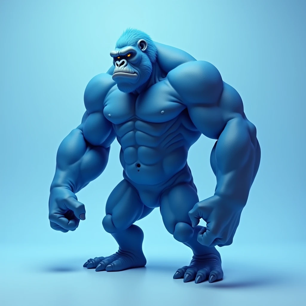 like blue gorilla, light blue background, noble, standing, angry, sideways, hairless, human-like appearance, standing straight, arms at sides, human gorilla mix