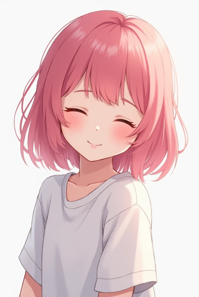 1 girl, solo, best quality, ultra detailed, minor, (happy:1.4), closed eyes, pink hair, medium hair, looking away, from front, from below, portrait, white background, white shirt