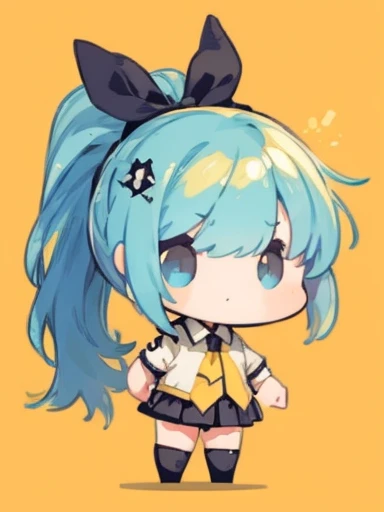 ((chibi)), big head, focus face, flat avatar, (masterpiece:1.2, highest quality), (Realistic, photoRealistic:1.4), Beautiful illustrations, (Natural Side Lighting, Cinema Lighting), Written boundary depth, Beautiful thighs staring at the viewer, 1 female, 20-year-old, alone, thin, slender, (small breasts), anime girl in a short red check skirt and Black blouse with formal collar, ((yellow tie)), ((white sox)), yellow cardigan, ((Blue eyes)), Messy hair, High ponytail, hanayamata, single character full body, anime full body illustration, from girls frontline, full body single character, girls frontline style, anime vtuber full body model, render of april, full body with costume, full body illustration, visual novel sprite, fine details. girls frontline, necoark
