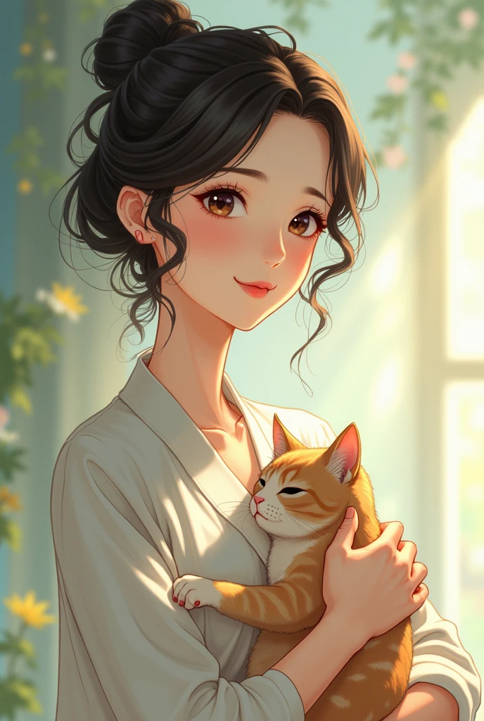 Anime style,Girl,holding cat,Upper Body,Exquisite,adult,Ghibli