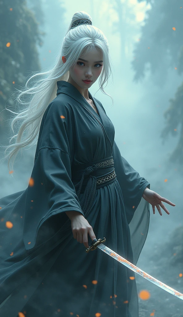 Mysterious Ninja, Swinging a dagger, Splitting apart with every strong blow、Shrouded in fog that obscures the view, Revealing vivid and surreal scenes, The blade's cut stands out clearly against the blurry background., Mysterious background, The sharp gaze of the ninja meets the viewer.., A dreamy layer of fog covers the landscape, piercing, clear eyes, A sophisticated and beautiful kimono, Dramatic lighting and colors, white hair