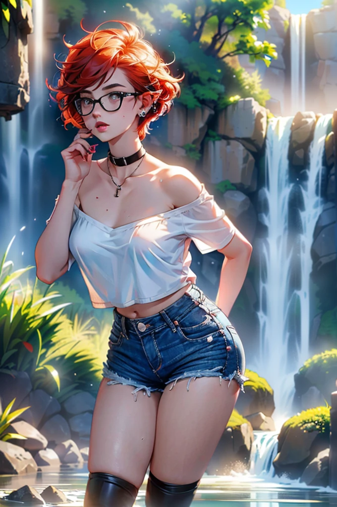(large breasts 1.4), beautiful elf woman, ((Short Red Hair: 1.6, straight with shine)), bright blue eyes, bright eyes, double eyelids, light effect on eyes, detailed irises, sexy, curvy body, glasses,(( off the shoulder black tee shirt no logo or words: 1.6, choker, tiny denim shorts, black high heels, legs exposed,)) ((micro denim shorts, edgy sexy, Beautiful and cool, shorts)), ((Wet Clothes)) ((work of art, hyper-realistic, hyper detailed, Best quality, 16k, light and shadow on skin, vivid colors), eyeliner, Thin eyebrows, Sensual expression, perfect lips, sexy mature face, ((skin with light and shadow) flirting seductively with the viewer, lots of freckles, full lips, extreme blush, smile, ((standing under a waterfall, washing hair)), daytime, noon, rays of light, masterpiece, ((Hands washing hair: 1.6, biting lower lip)) ((View from side)),