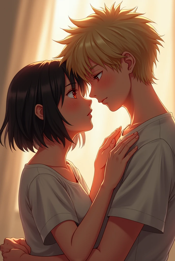 A girl on a boys chest, the girls eyes closed and the boy kissing her forehead
Make the girl dark with short hair
And the guy with blonde fluffy hair and red eyes and fair skin
Make them realistic and adults
Romantic and intimate not cheap though
