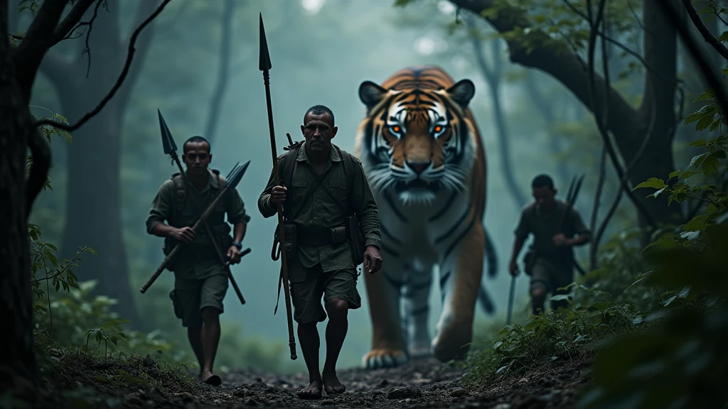 5 Thai hunters walking in the dark forest after a big tiger looking from behind 8k