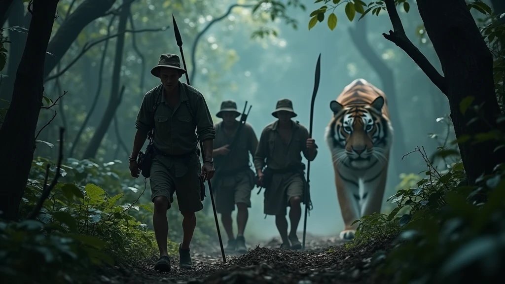 5 Thai hunters walking in the dark forest after a big tiger looking from behind 8k  