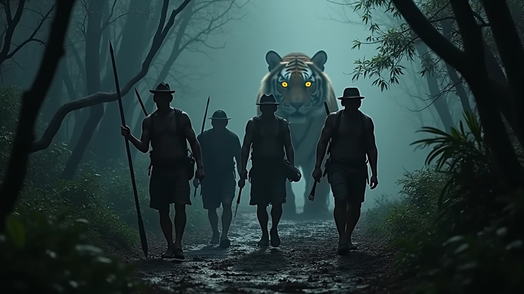 5 Thai hunters walking in the dark forest after a big tiger looking from behind 8k  