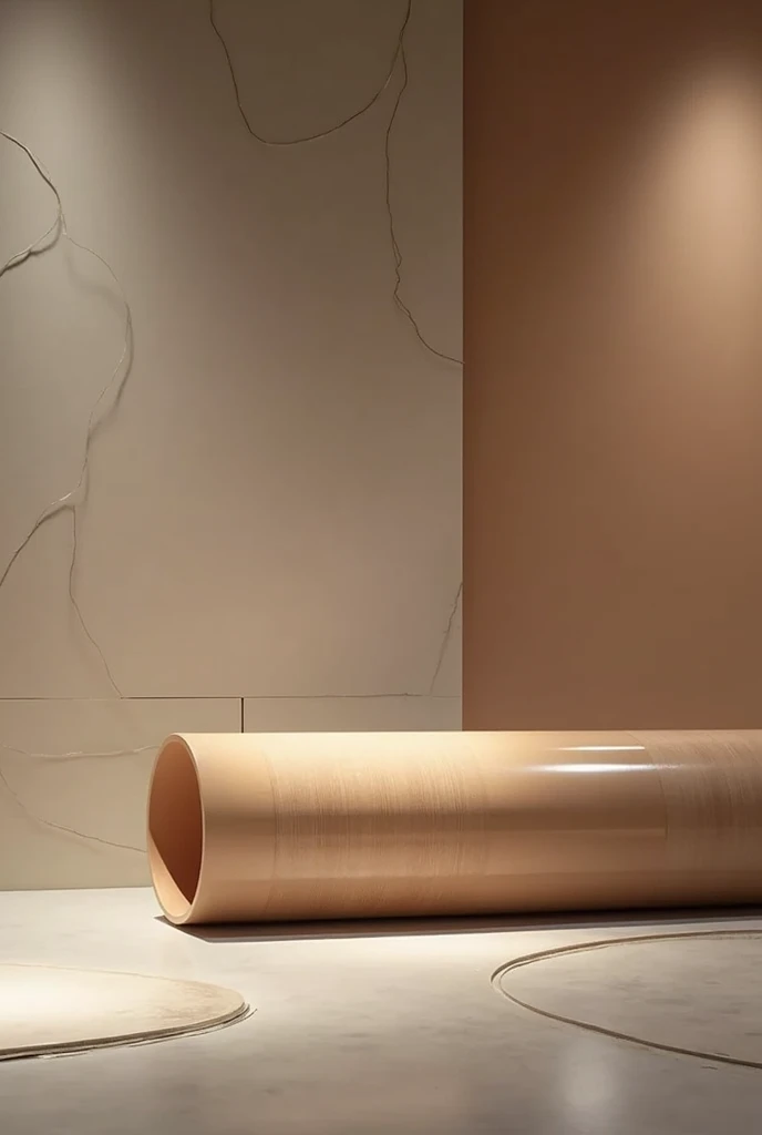 A beige resin tube 2 meters in diameter and 12 meters long, with an artistic and elegant finish. The tube is shown in a horizontal position in a stylized industrial setting, but with artistic details such as a background with abstract textures and soft lights that create interesting shadows and reflections.. The resin finish has a subtle shine that stands out with touches of light that seem to paint the surface.. The contrast between the industrial atmosphere and the artistic elements adds a sophisticated touch, highlighting both the functionality and aesthetics of the product.