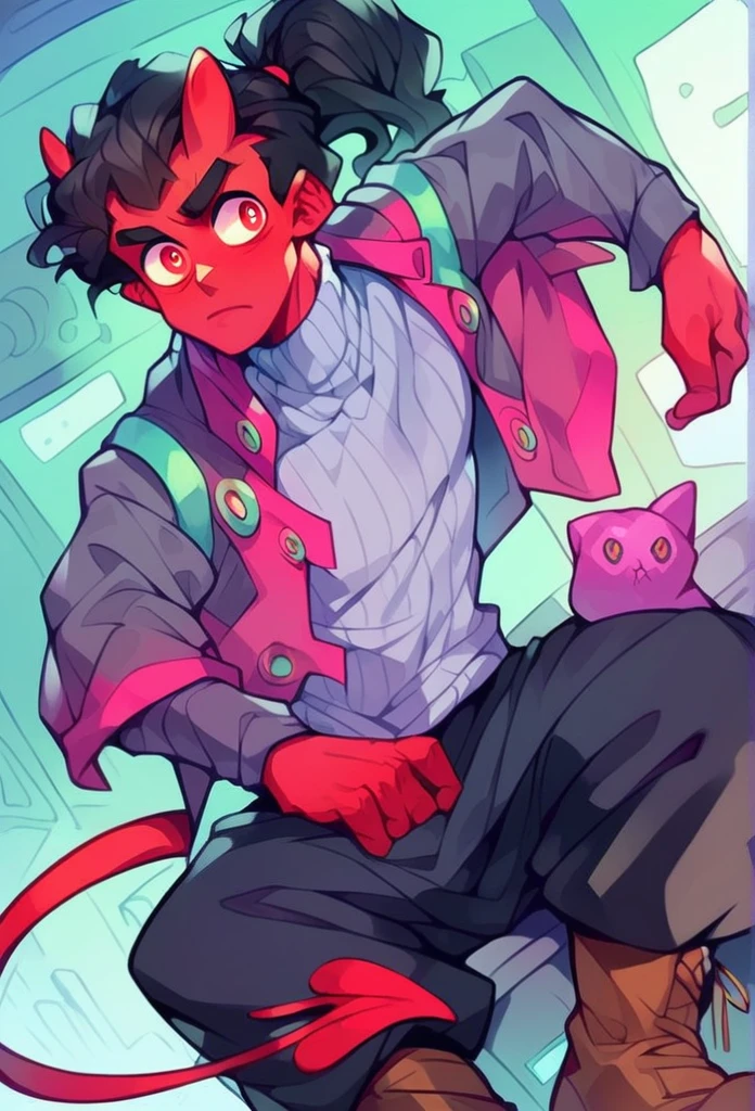 (detailed), (((normal guy))), (Arabic characteristics), ((gray wool jacket)), ((black fur rizado Ponytail hairstyle)), ((Ponytail hairstyle)), (calm face), ((by the width)), ((Brown boots)), (((whole body))), ((In a cyberpunk room)), ((male)), (gray turtleneck sweater), ((only one person)), (at night), terror, ((Bright red eyes)), In the dark, ((black fur)), ((((red skin color)))), ((((demon tail))))