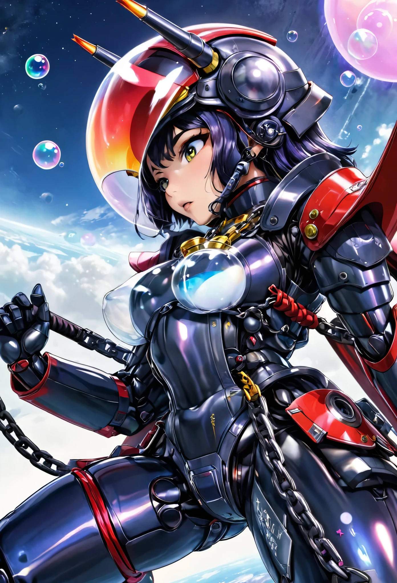A giant robot (samurai theming, head has helmet styling and a large bubble dome cockpit), lunar surface, stars in back ground, action pose, shooting a rocket fist at viewer connected to mech via chain