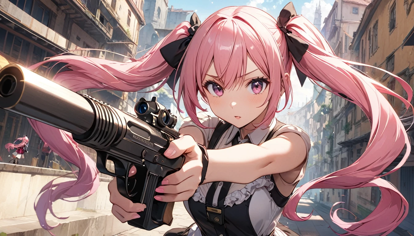 Highest quality,Girl,Pink Hair,Twin tails,Different world,Shoot a gun