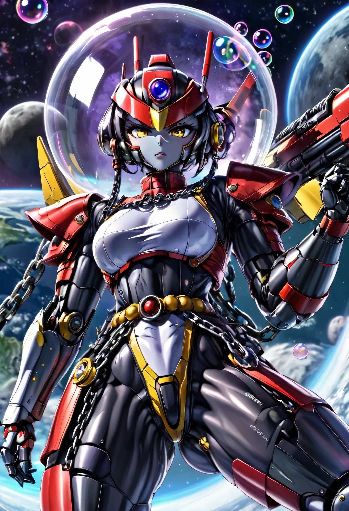 A giant robot (samurai theming, head has helmet styling and a large bubble dome cockpit), lunar surface, stars in back ground, action pose, shooting a rocket fist at viewer connected to mech via chain