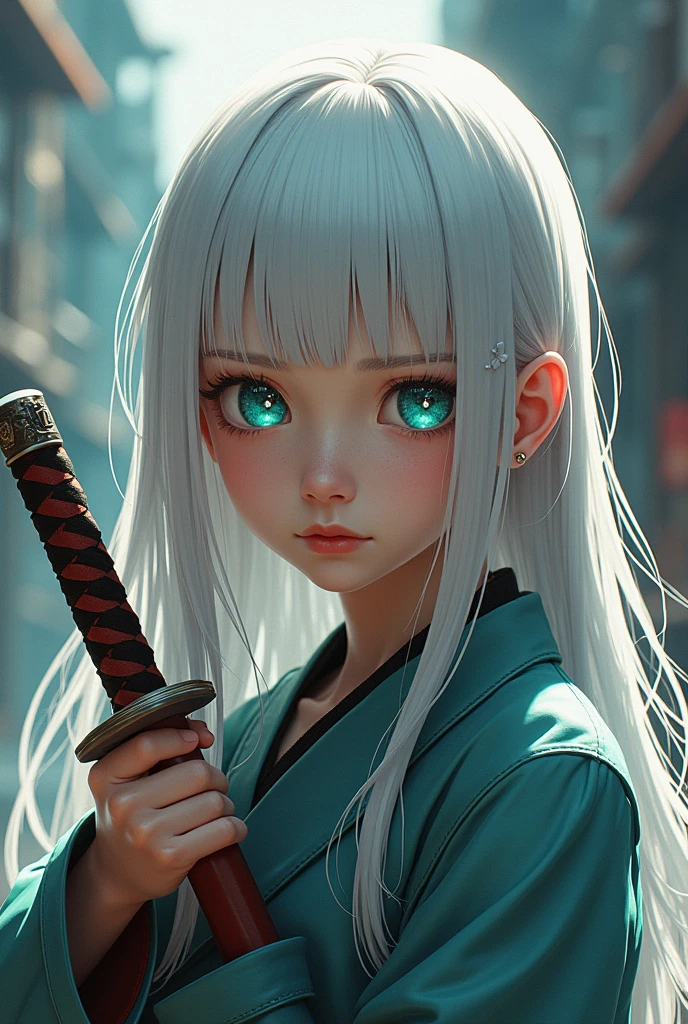 realistic anime youth girl, straight white hair, Turquoise eyes with white highlights, pale skin, thick lips with a crimson hue, on an action movie poster posing with a katana backwards