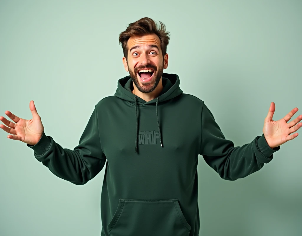 Create an energetic, enthusiastic man with a light beard and brown hair, wearing a dark green hoodie with a minimalistic logo in the center. He is smiling widely, with both arms open, conveying excitement and surprise. The background should be simple and clean, highlighting the subject. The lighting should be soft, giving the image a positive, approachable feel."