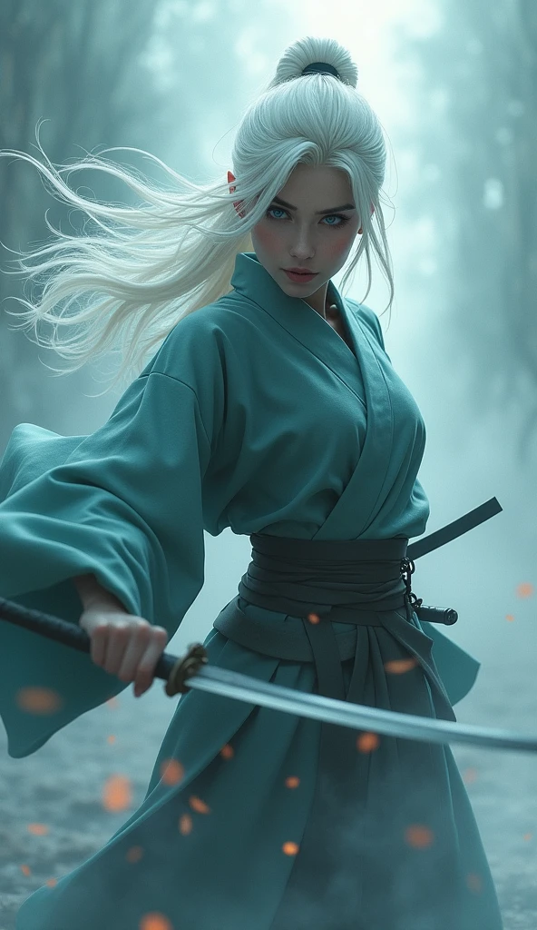 Mysterious Ninja, Swinging a dagger, Splitting apart with every strong blow、Shrouded in fog that obscures the view, Revealing vivid and surreal scenes, The blade's cut stands out clearly against the blurry background., Mysterious background, The sharp gaze of the ninja meets the viewer.., A dreamy layer of fog covers the landscape, piercing, clear eyes, A sophisticated and beautiful kimono, Dramatic lighting and colors, white hair