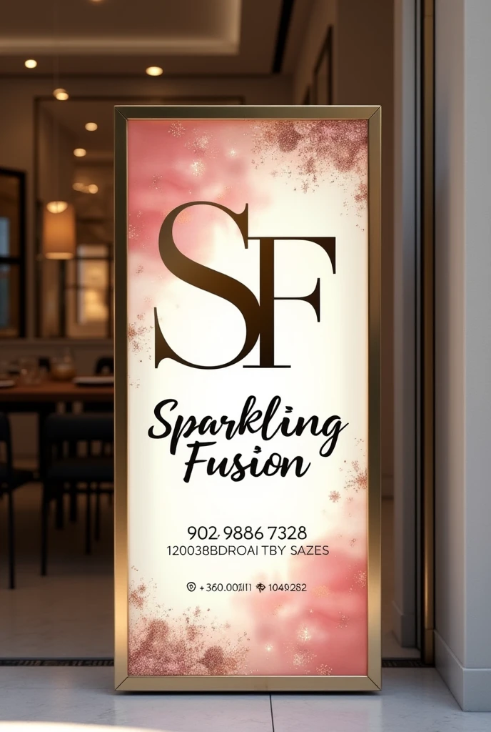 Design a stylish and eye-catching outdoor shop sign for a cosmetic store named ‘Sparkling Fusion.’ The sign should prominently feature the initials ‘SF’ in an elegant, modern design, along with the full name ‘Sparkling Fusion.’ Use a luxurious color palette with soft pinks, gold, and white. Include space for the store’s address and mobile number, presented in a clear and readable font. The overall design should be chic, with subtle sparkling or glittery elements to reflect the brand’s name. The sign should be inviting and sophisticated, perfect for a high-end beauty store.