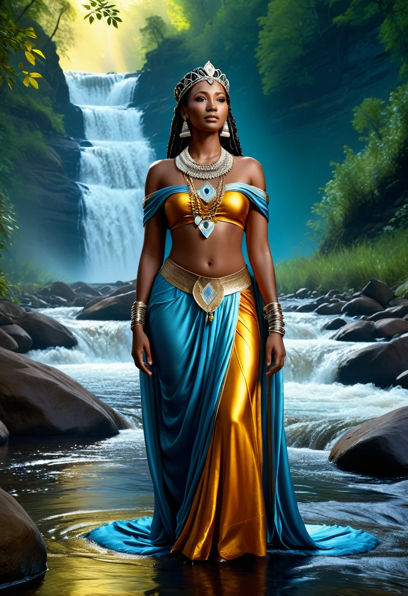 Midjourney,realism,cinematic quality,cartoon style,Midjourney style,
proud dignified Nubian queen standing near a fast flowing river, clad in queenly flowing fabric, forest, rapids, water, reflections, tasteful, proud, full body, jewelry, vivid colors, hauntingly beautiful, hyperrealistic, ultra resolution,