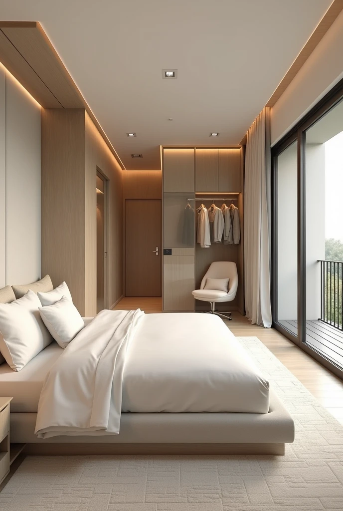 Wide image of a Modern and luxury Bedroom interior design ideas in cream or beige colour theme, with bed near to bedroom door, door is located at left side of the bed. dressing room next to bedroom door , transparent glass cupboard ,balcony, which should be located at right side of the bed