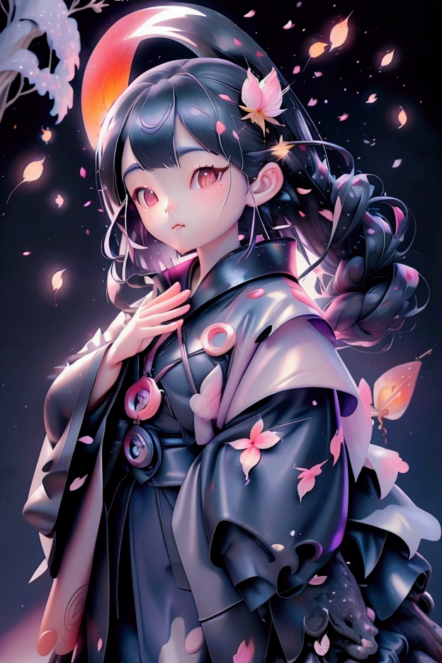 (Highest quality, masterpiece),(One person, Shrine maiden, coat, expression, Iris, Look ahead ,Black Hair, walk, Upper Body), (Night maze sky, Huge old tree behind, Shiny pink petals fall behind, The shrine behind, Mountain Background, Blowing Wind, meteor cloud)
