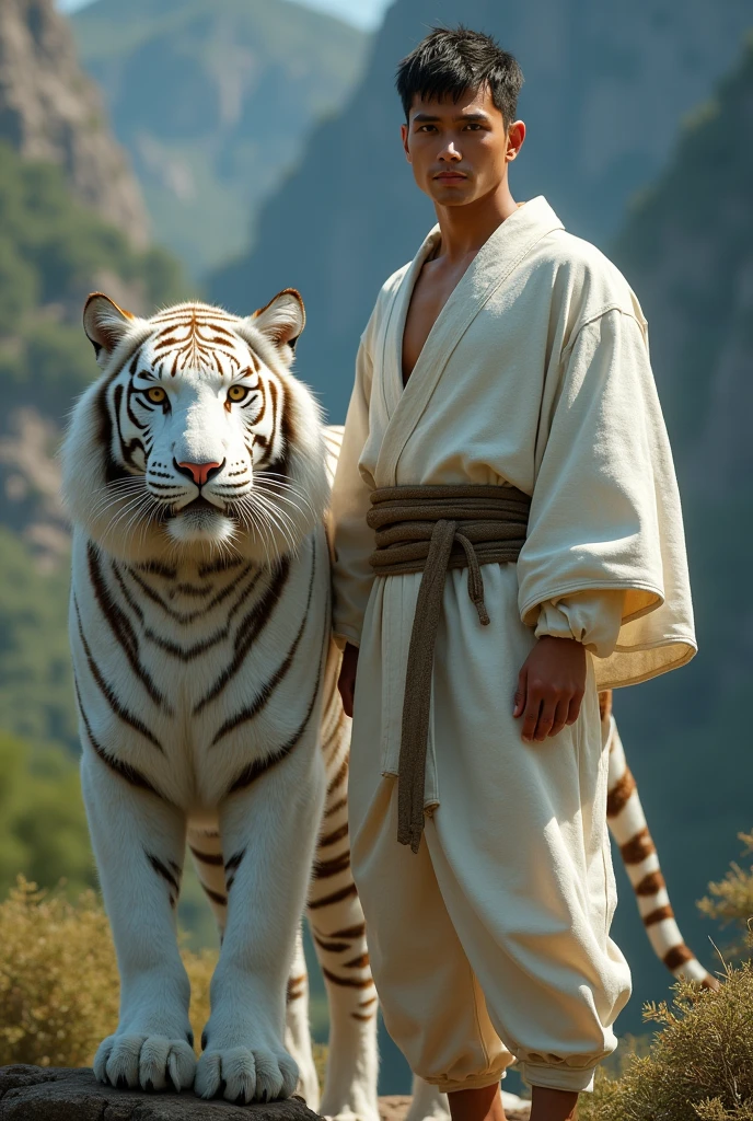 A 25 year old man stands facing forward with neat, thin hair and a sturdy body with a white tiger.