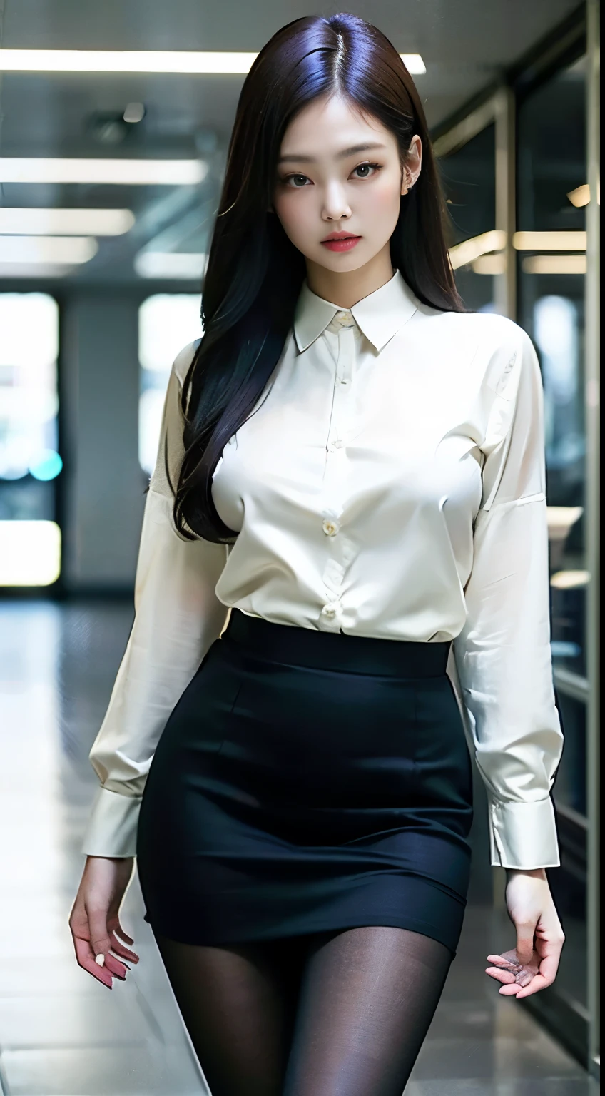 Elegant upper-class elite secretary，Wear a luxurious silk top, Skirts and thighs、27yo、big breasts body　162cm、Take a walk along the hallway、office clothes, (Wear pantyhose,Realistic pantyhose)、working in an office、wearing a strict business suit, Wear high-end heels、 Shirt girl, Wear an elegant shirt, Wear an ultra-thin top, merchant, Shirts and skirts, Wearing a silk shirt, Wear a shirt and skirt, 　　　　　　RAW photo, (8K、top-quality、tmasterpiece:1.2)、(intricately details:1.4)、(Photorealsitic:1.4)、octane renderings、Complex 3D Rendering Ultra Detail, Studio soft light, rim lights, vibrant detail, super detailing, realistic skin textures, Detal Face, Beautiful detail eyes, Very detailed CG Unity 16k wallpaper, Make up - up, (detailedbackground:1.2), Bare with thighs!!!,