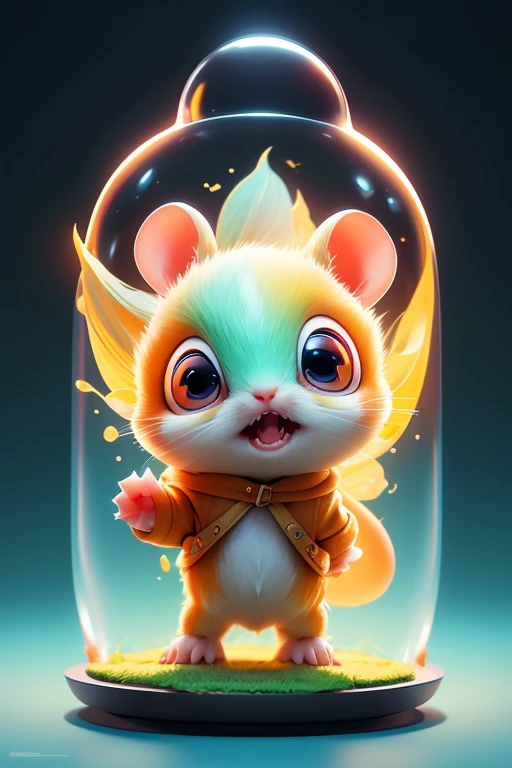 Create a monster image, a baby gerbil.. The body is transparent and can be seen through. The image is sharp and detailed., with beautiful colors.. With arms, leg, eyes, mouth, พื้นหลังสีlegว