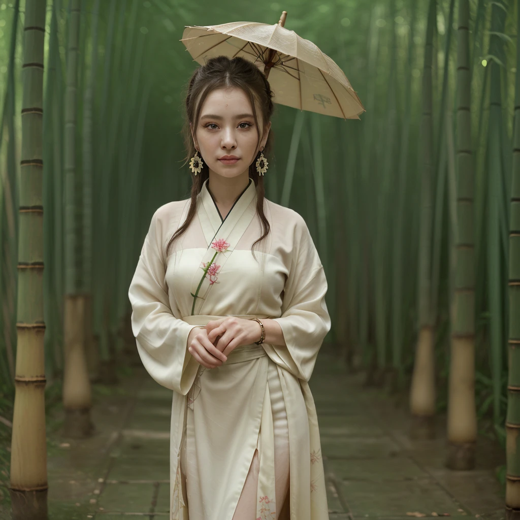 masterpiece, чрезвычайно подробные обои CG Unity 8k, 1 girl, Beautiful, realistic, blur, blurred background, blurred foreground, bamboo forest, depth of field, earrings, Jewelry, nose, realistic, One, Hanfu, the holding was a paper umbrella, rain, pussy squirt,
