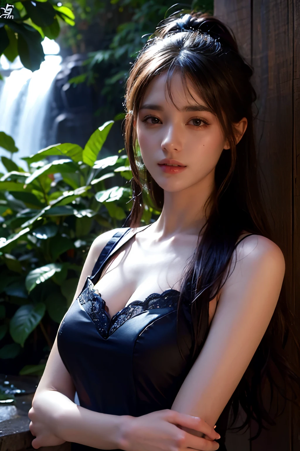 (ultra realistic) , (illustration), (increase resolution), (8K), (extremely detailed), (best illustration), (beautiful detailed eyes), (best quality), (ultra-detailed), (masterpiece), (wallpaper), (detailed face), 1 girl, black straight hair, plump breasts, slender body, delicate details, in the dark, deep shadow, low key, pureerosfaceace_v1, happy smile, summer dress, waterfall, rainforest
