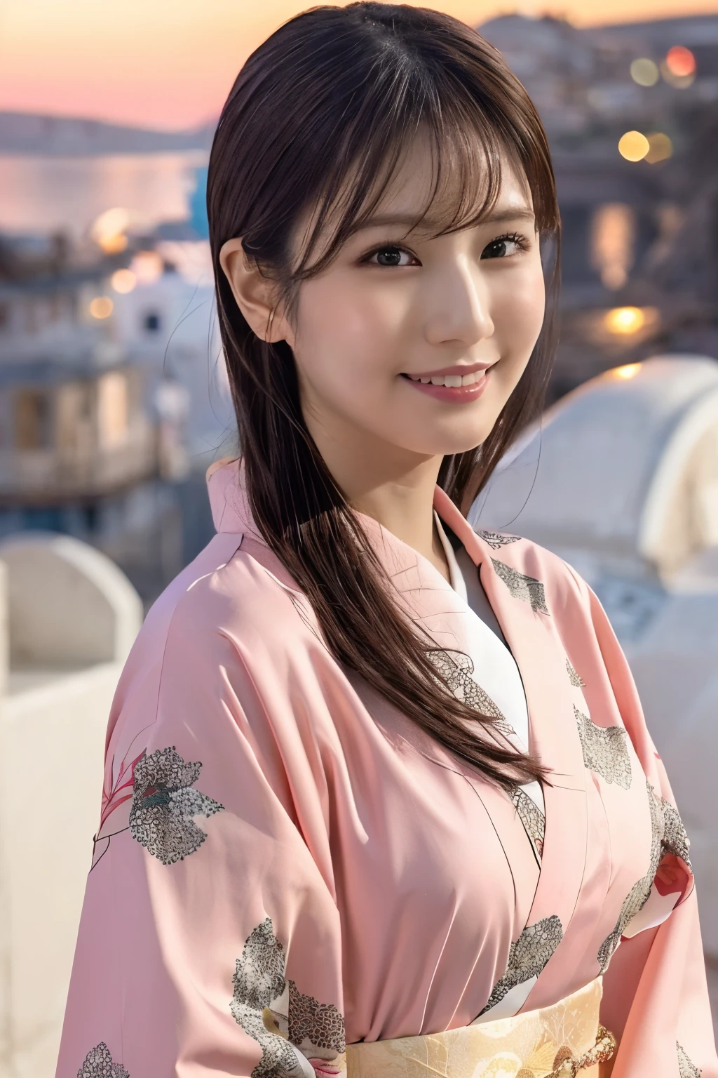 1 person, (Wearing a pink floral kimono.:1.2), Very beautiful Japanese idol portraits, 
(RAW Photos, Highest quality), (Realistic, Realistic:1.4), (masterpiece), 
Very delicate and beautiful, Very detailed, 2k wallpaper, wonderful, finely, Very detailed CG Unity 8k 壁紙, Very detailed, High resolution, Soft Light, 
Beautiful details, Very detailed目と顔, Beautiful and sophisticated nose, Beautiful and beautiful eyes, Cinema Lighting, 
(Commemorative photo on Santorini Island:1.3), (White Building), (blue sky), (Church bells), (Aegean Sea),
(Japanese hairstyle), (Tie your hair at the back:1.3), (bangs), (hairpin), 
Complete Anatomy, Slender body, Small breasts, smile