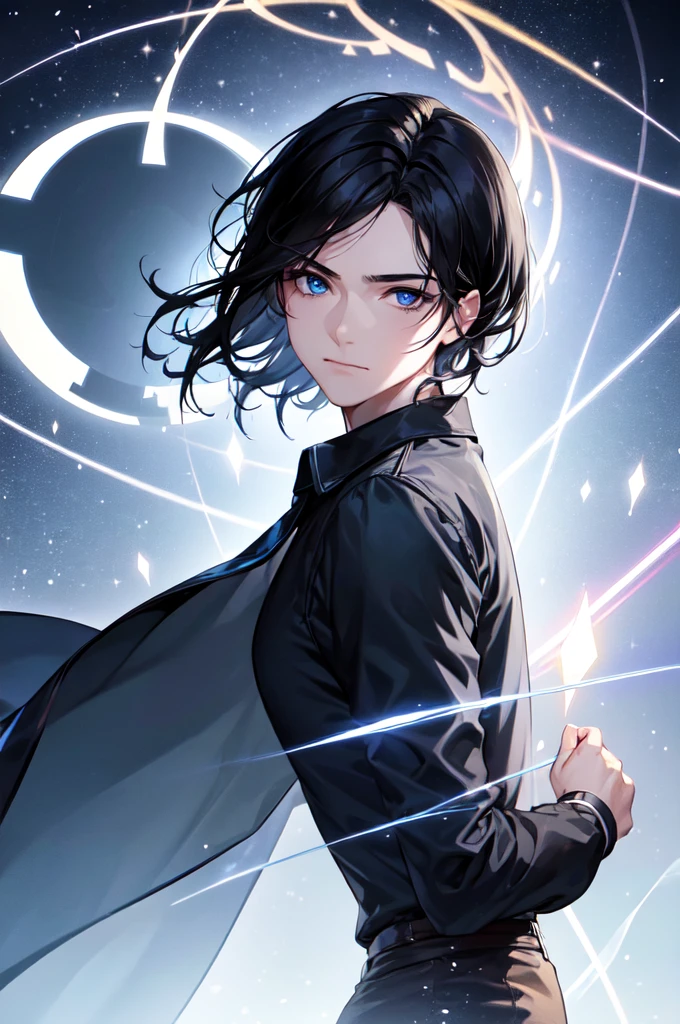 (1male:1.2), blue eyes, wavy black hair, closed mouth, from side, lantern, light particles, wearing shirt, looking at viewer, short hair, night, solo, star \(symbol\), upper body, realistic, absurdres, high res, ultrasharp, masterpiece