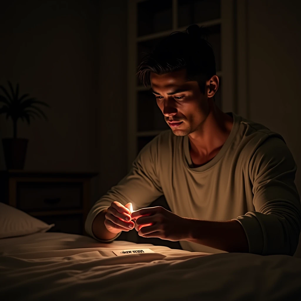 Ronaldo in his personal space, perhaps his bedroom or a private locker room, carefully placing the amulet in a hidden spot. The scene is intimate, with dim lighting highlighting the secrecy in dall e-3 style 