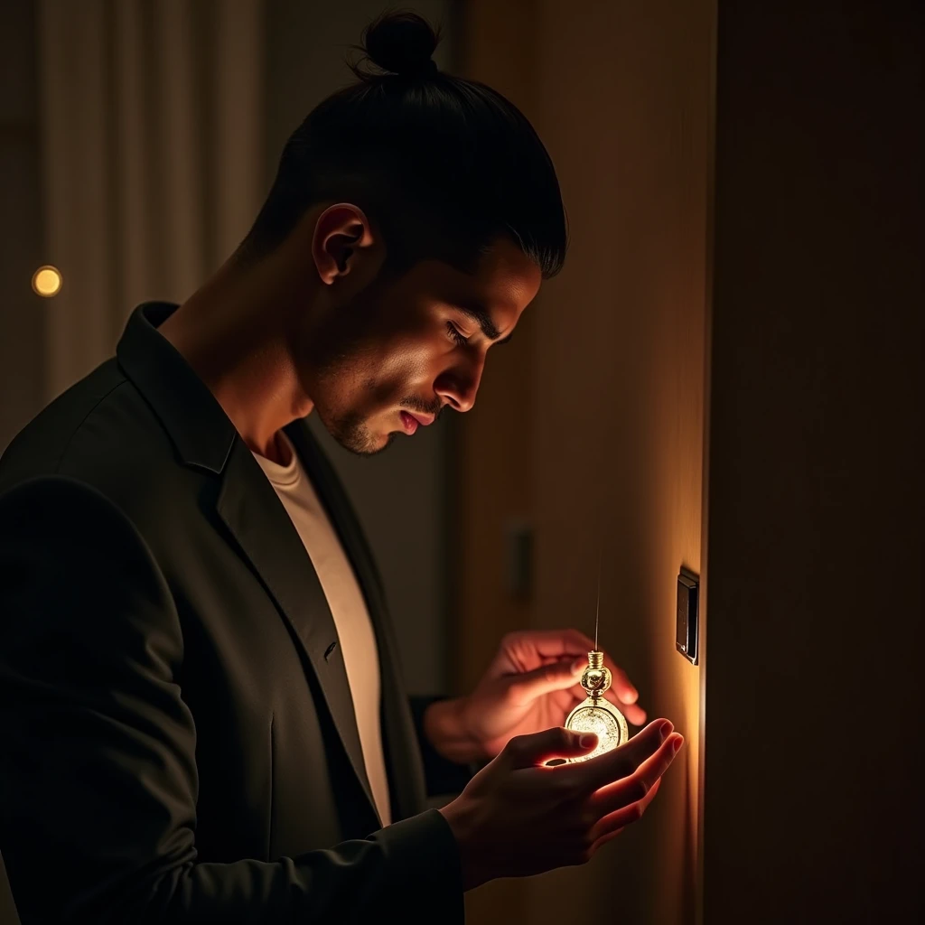 Ronaldo in his personal space, perhaps his bedroom or a private locker room, carefully placing the amulet in a hidden spot. The scene is intimate, with dim lighting highlighting the secrecy in dall e-3 style 